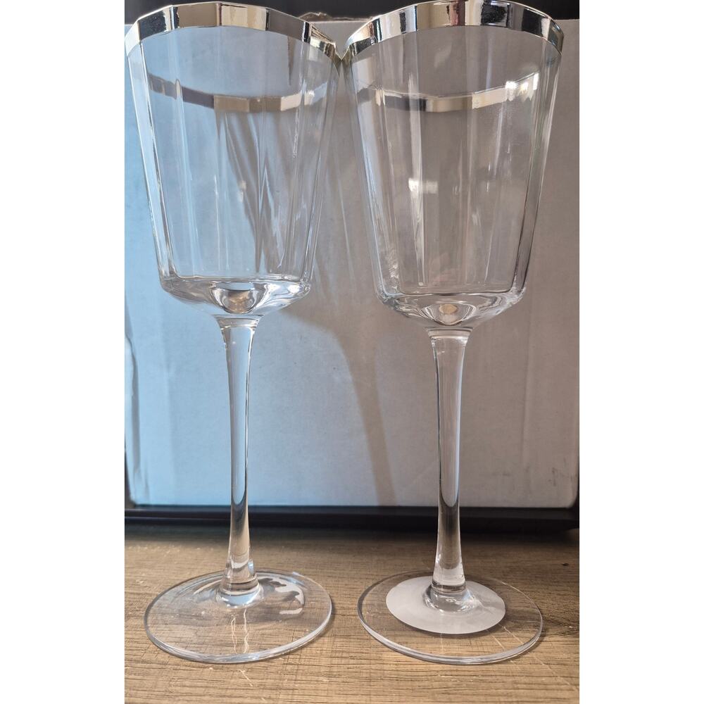 Threshold Silver Rim Wine Glasses – Set of 2 Elegant Faceted Glassware s13 - Picture 4 of 5